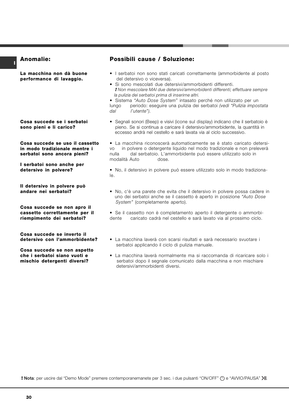 Anomalie, Possibili cause / soluzione | Hotpoint Ariston AQLF8F 292 U User Manual | Page 30 / 64