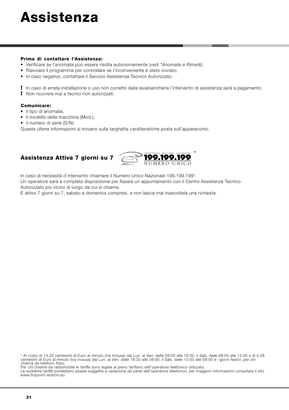 Assistenza | Hotpoint Ariston AQLF8F 292 U User Manual | Page 31 / 64