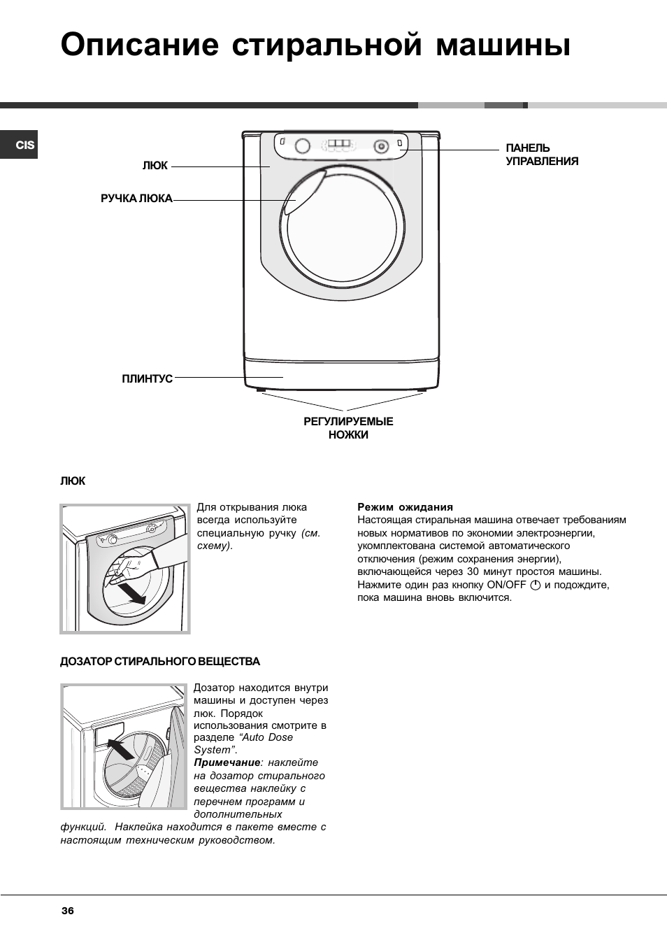 Описание стиральной машины | Hotpoint Ariston AQLF8F 292 U User Manual | Page 36 / 64