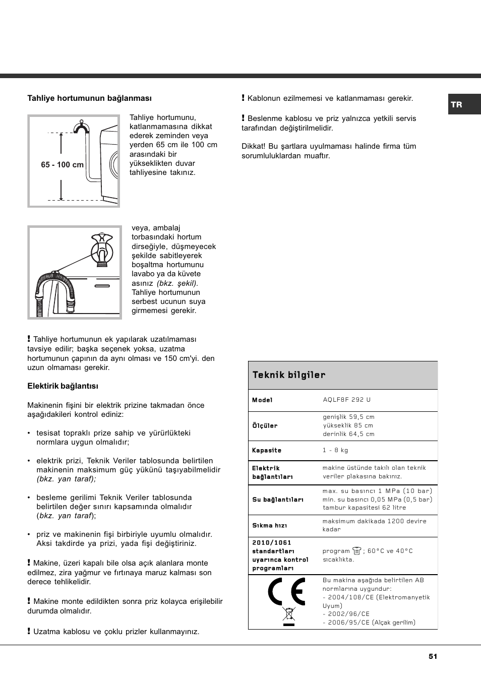 Teknik bilgiler | Hotpoint Ariston AQLF8F 292 U User Manual | Page 51 / 64