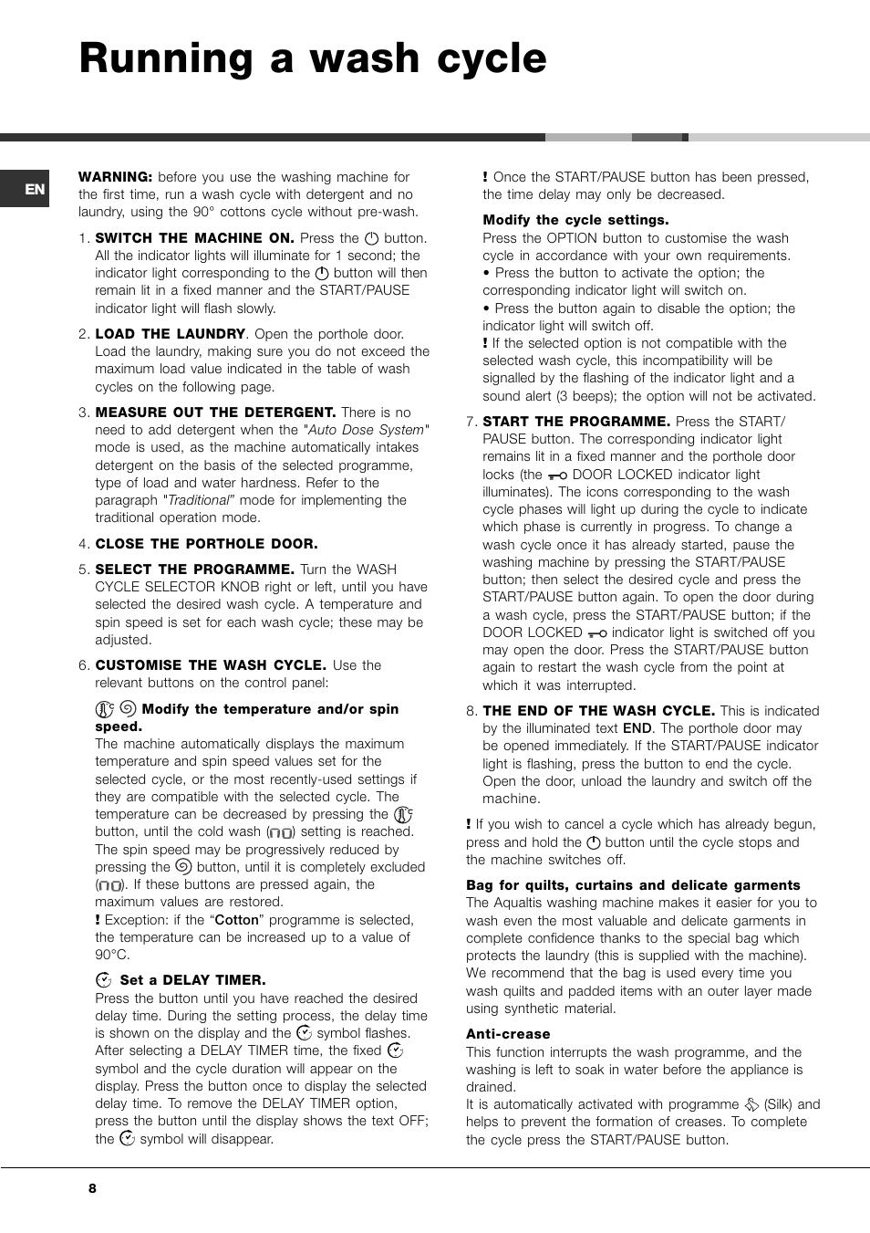 Running a wash cycle | Hotpoint Ariston AQLF8F 292 U User Manual | Page 8 / 64