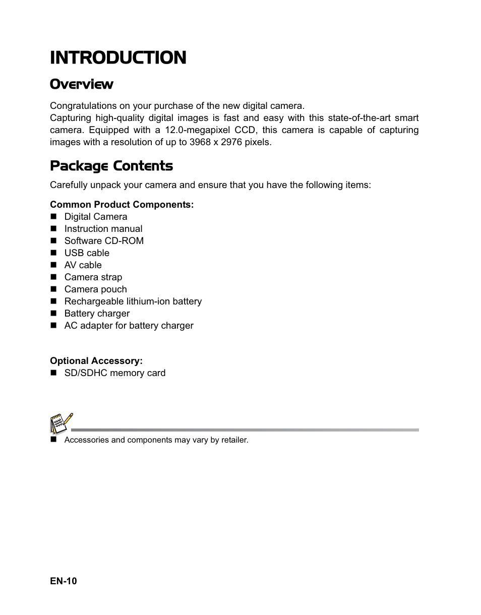 Introduction, Overview, Package contents | Sanyo VPC-T1284 User Manual | Page 11 / 48