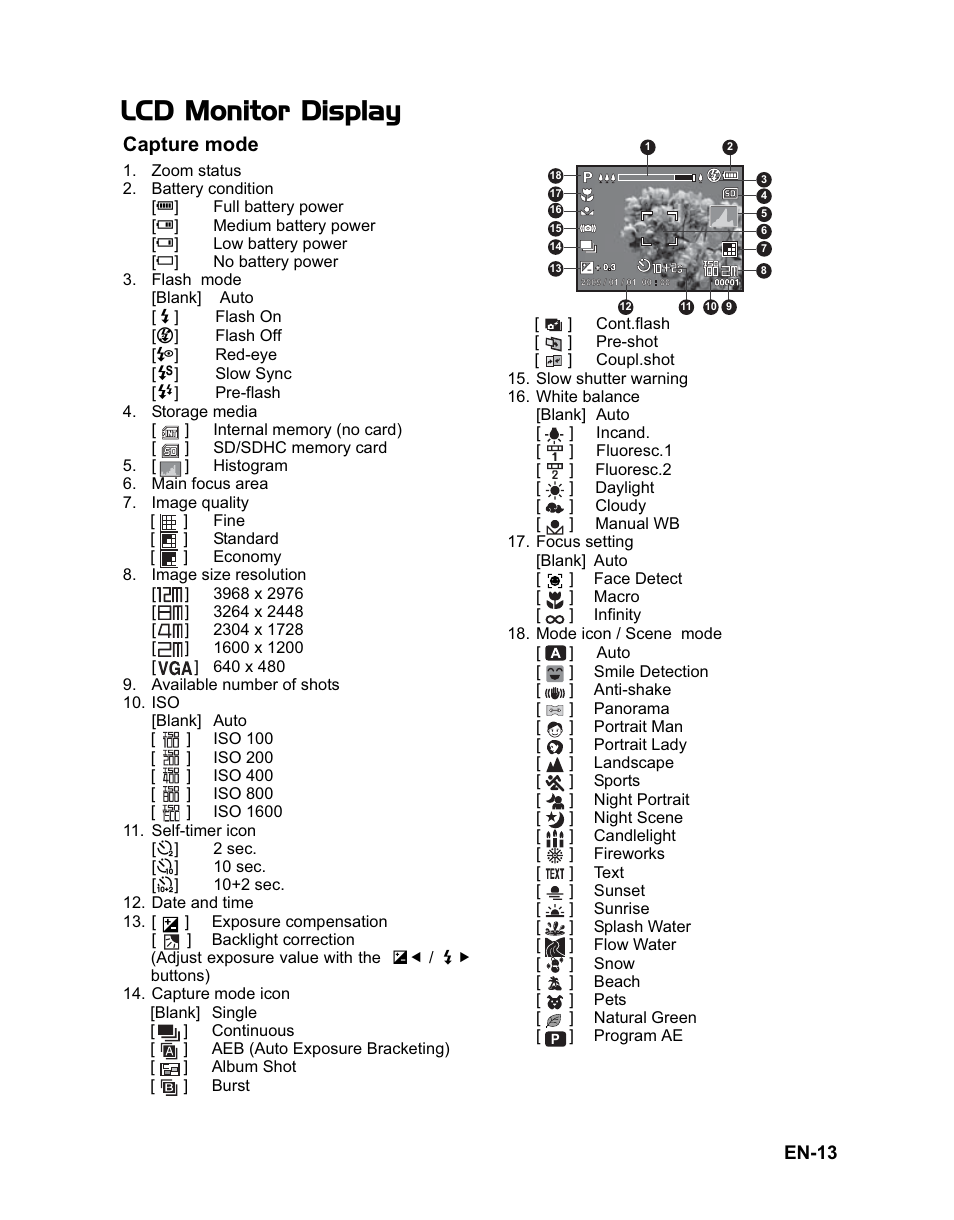 Lcd monitor display, Capture mode | Sanyo VPC-T1284 User Manual | Page 14 / 48
