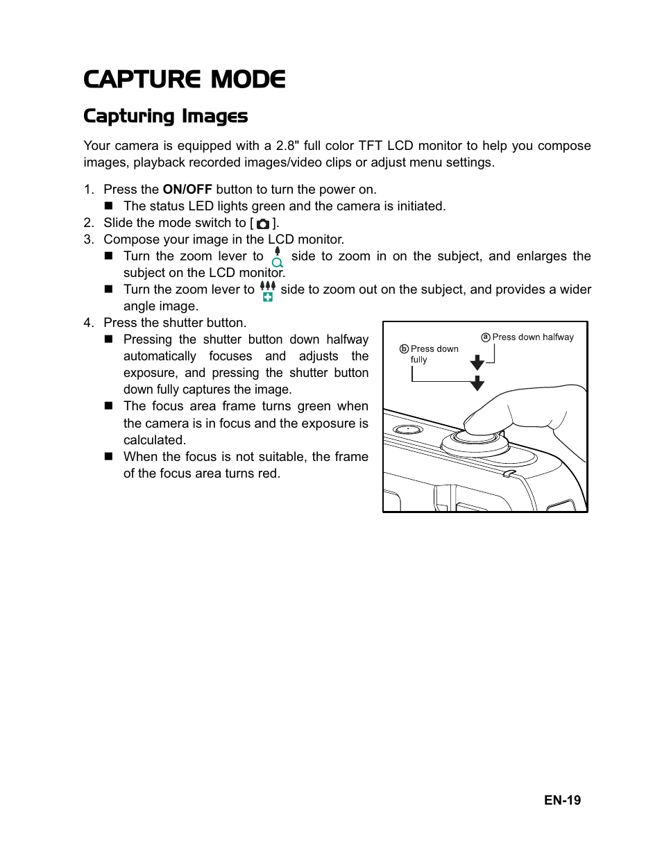 Capture mode, Capturing images | Sanyo VPC-T1284 User Manual | Page 20 / 48