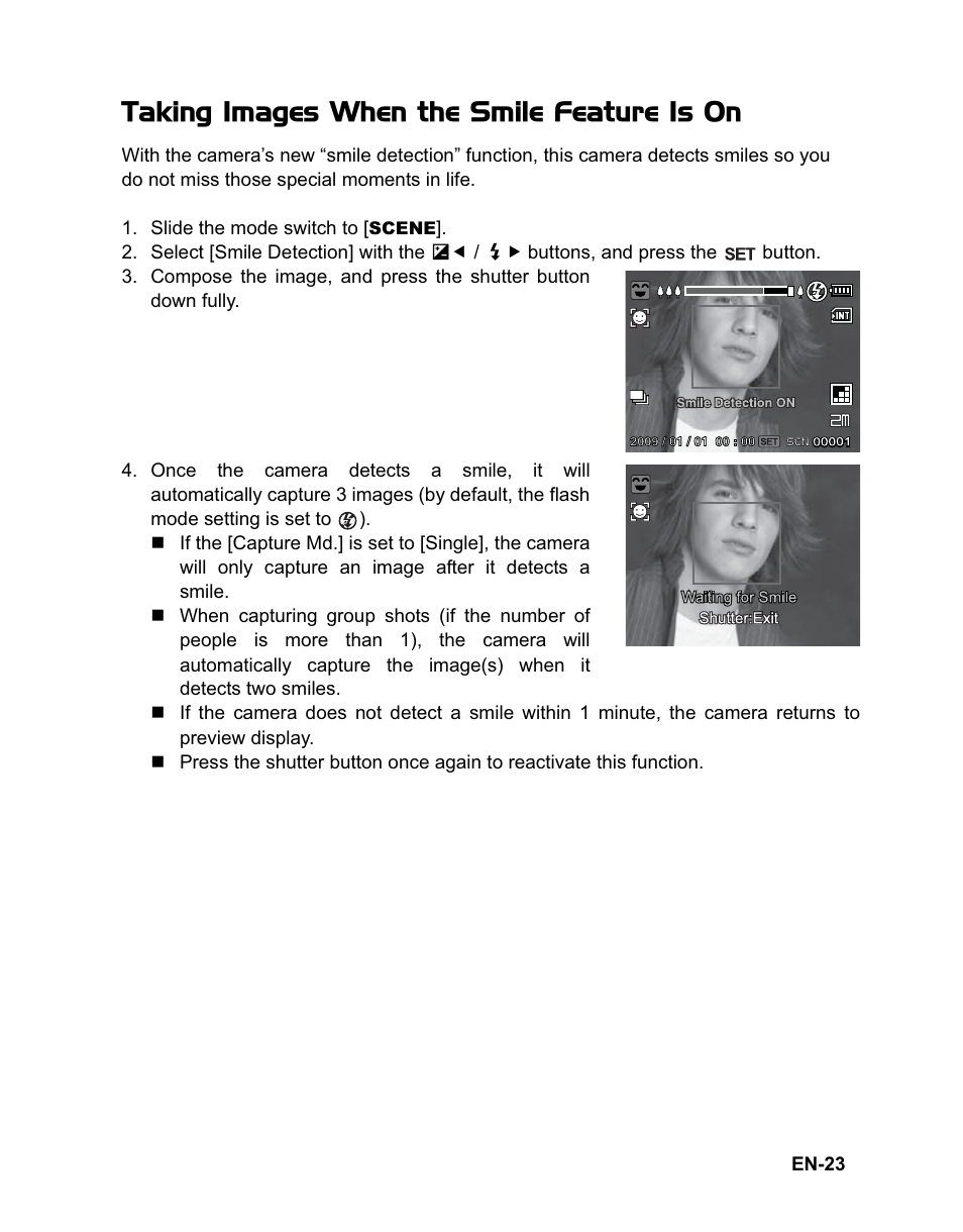 Taking images when the smile feature is on | Sanyo VPC-T1284 User Manual | Page 24 / 48