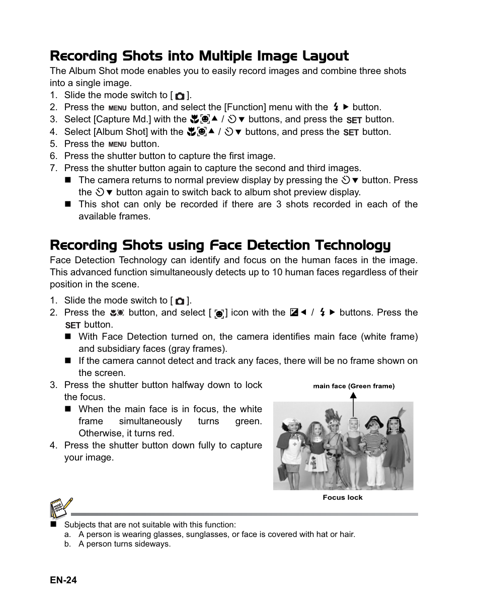 Recording shots into multiple image layout, Recording shots using face detection technology | Sanyo VPC-T1284 User Manual | Page 25 / 48