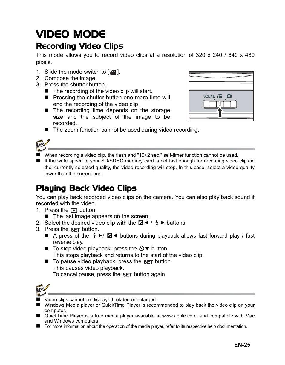 Video mode, Recording video clips, Playing back video clips | Sanyo VPC-T1284 User Manual | Page 26 / 48