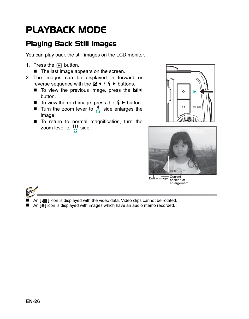 Playback mode, Playing back still images | Sanyo VPC-T1284 User Manual | Page 27 / 48