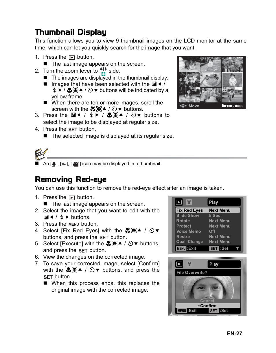 Thumbnail display, Removing red-eye | Sanyo VPC-T1284 User Manual | Page 28 / 48