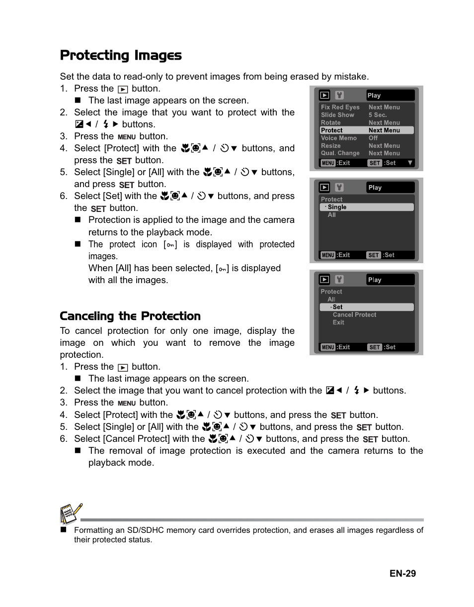 Protecting images, Canceling the protection | Sanyo VPC-T1284 User Manual | Page 30 / 48