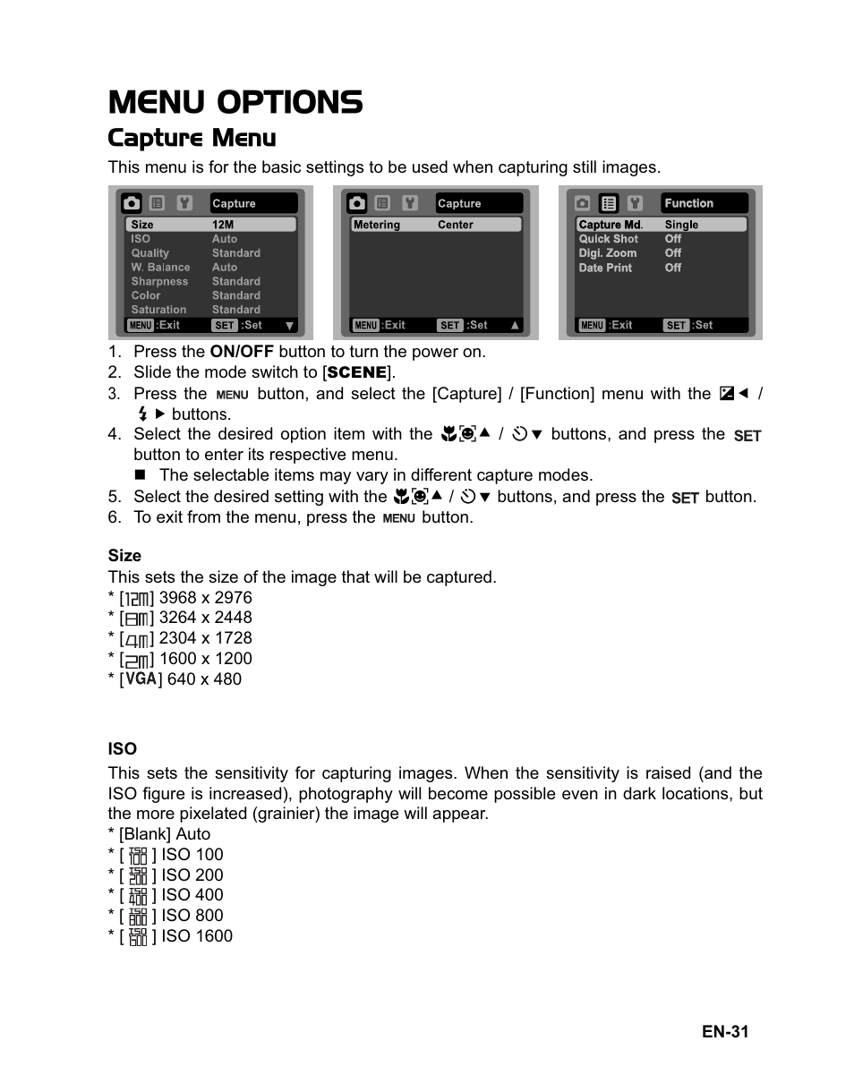 Menu options, Capture menu | Sanyo VPC-T1284 User Manual | Page 32 / 48