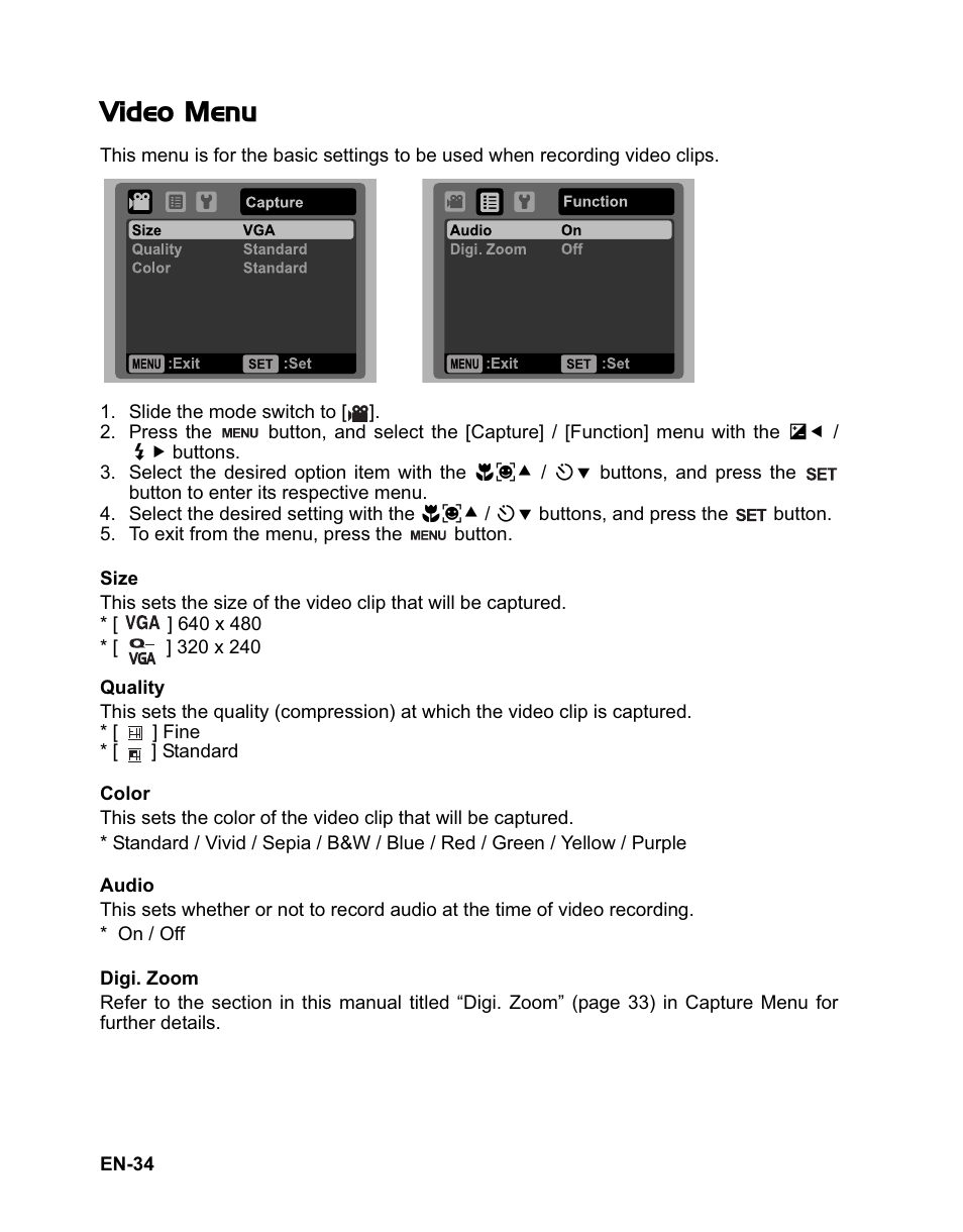 Video menu | Sanyo VPC-T1284 User Manual | Page 35 / 48
