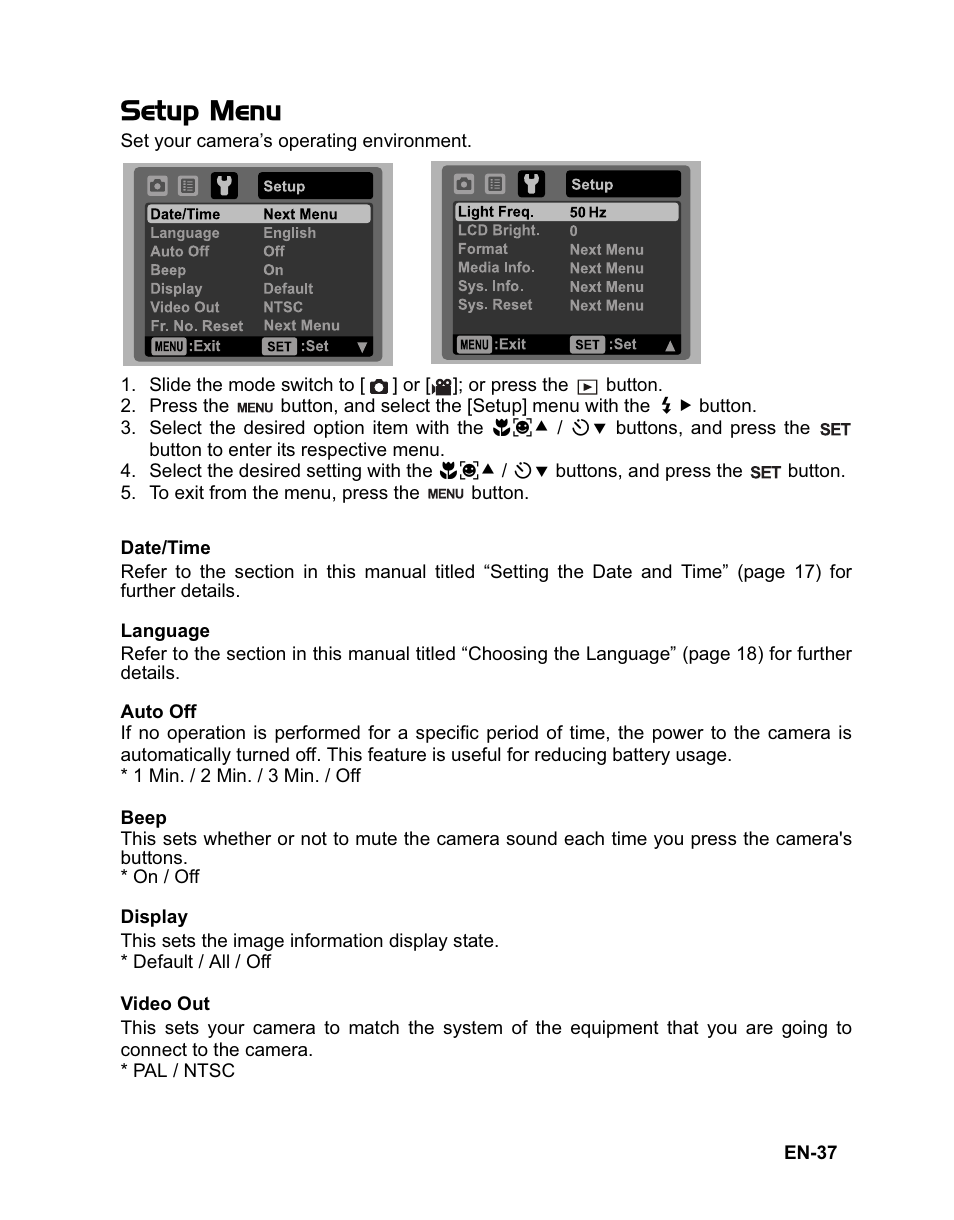 Setup menu | Sanyo VPC-T1284 User Manual | Page 38 / 48
