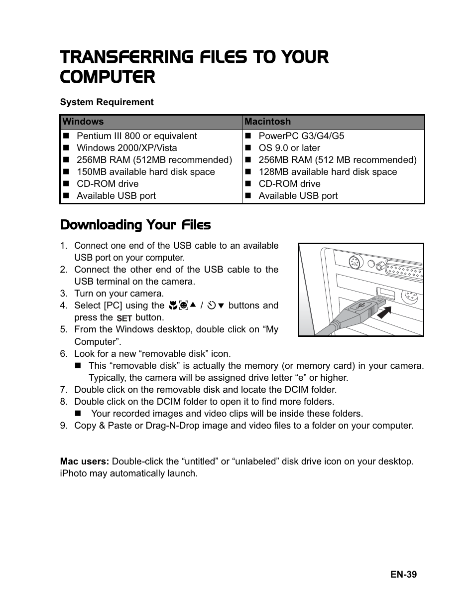 Transferring files to your computer, Downloading your files | Sanyo VPC-T1284 User Manual | Page 40 / 48
