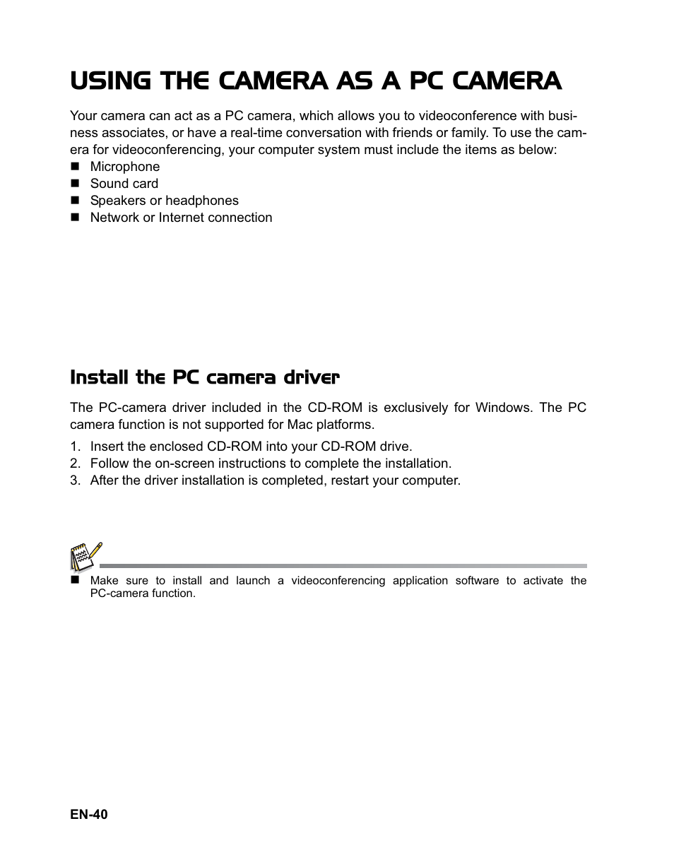 Using the camera as a pc camera, Install the pc camera driver | Sanyo VPC-T1284 User Manual | Page 41 / 48