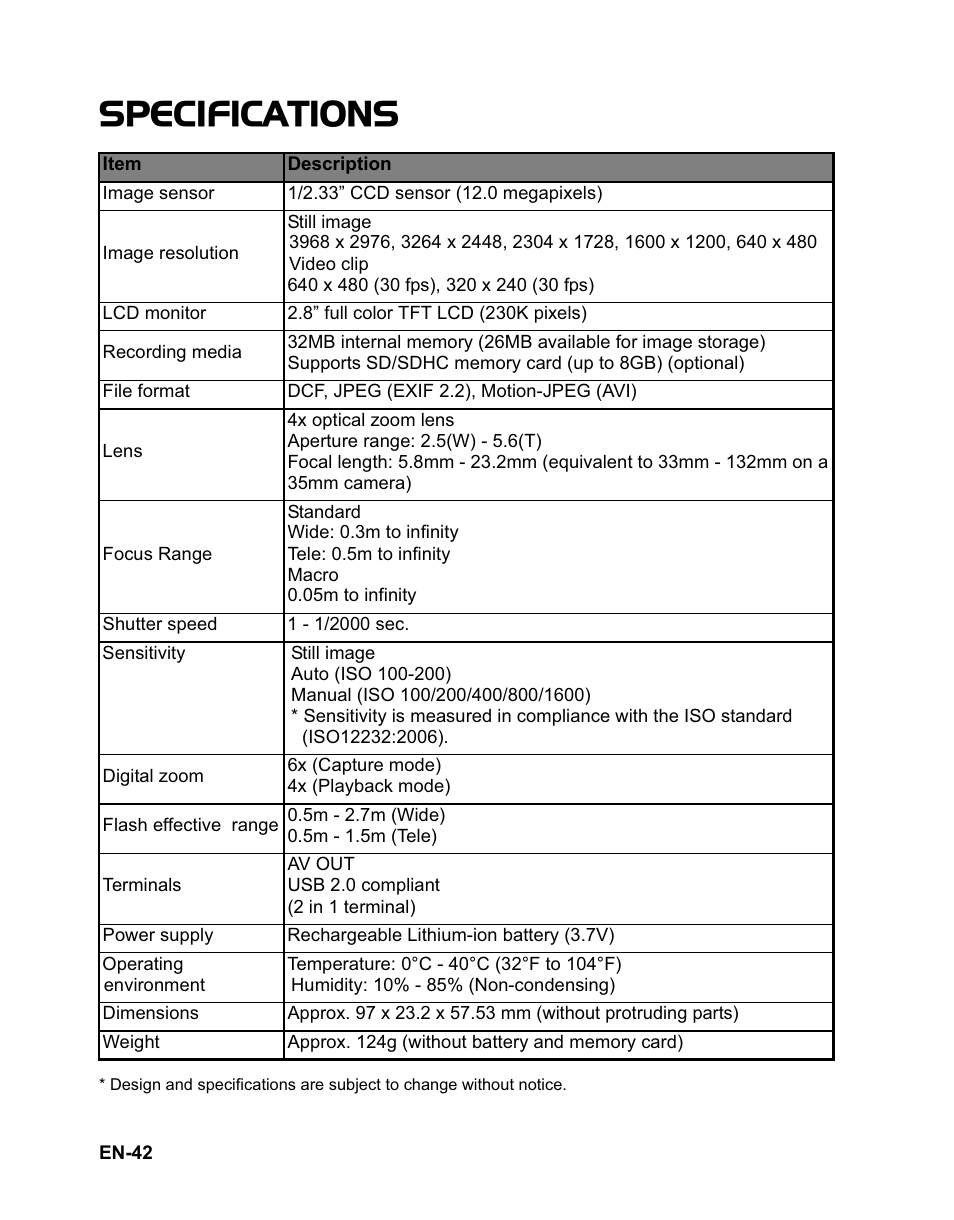 Specifications | Sanyo VPC-T1284 User Manual | Page 43 / 48
