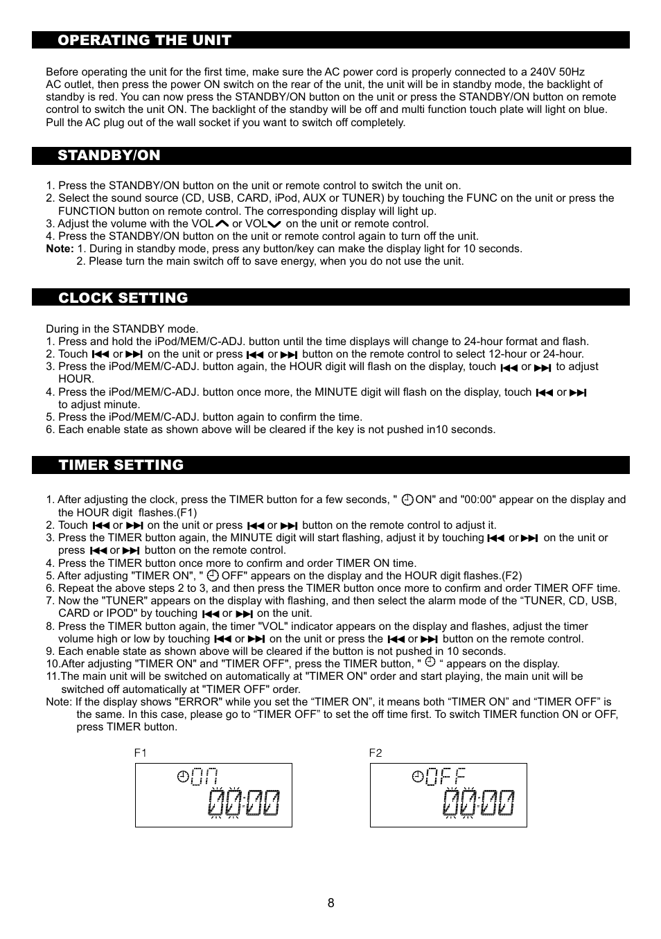 頁面 10, Operating the unit, Standby/on | Clock setting timer setting | Sanyo DC-MX41i User Manual | Page 10 / 21
