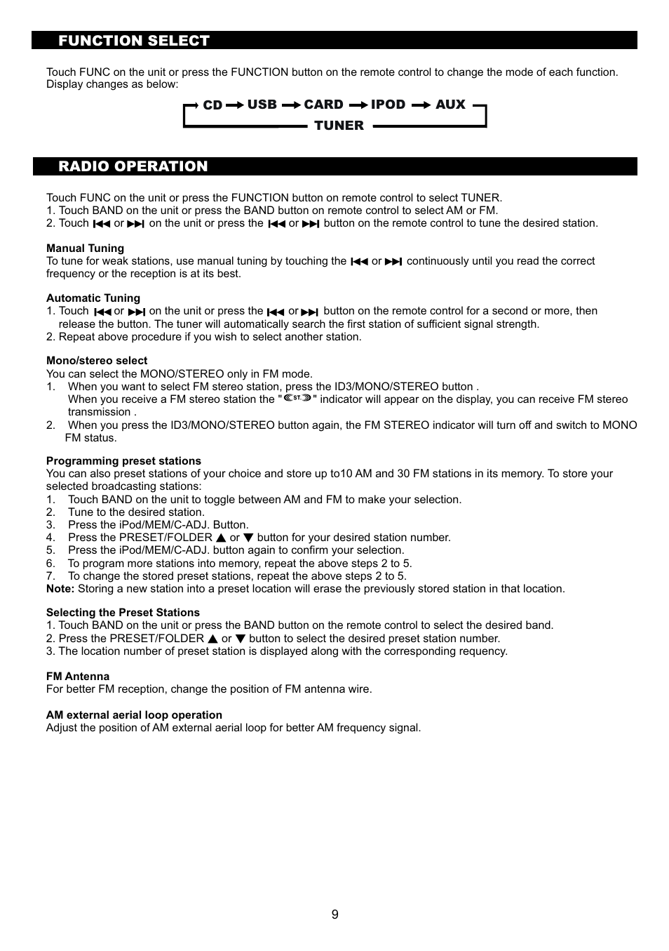 頁面 11, Function select, Radio operation | Sanyo DC-MX41i User Manual | Page 11 / 21