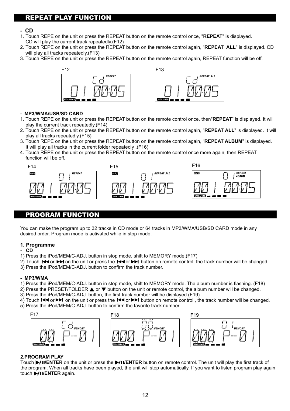 頁面 14, Repeat play function, Program function | Sanyo DC-MX41i User Manual | Page 14 / 21