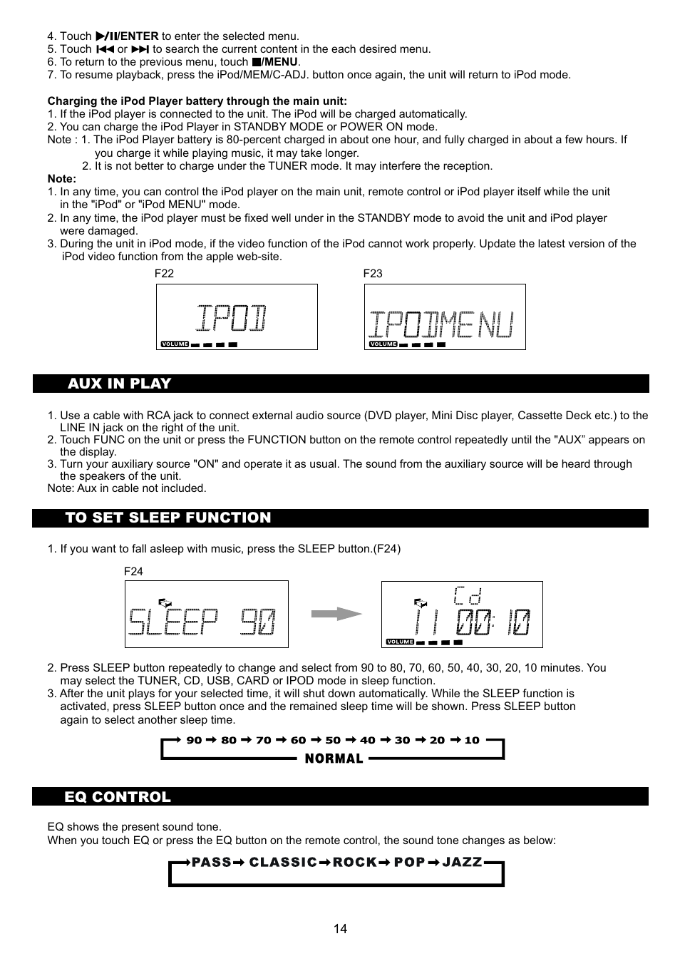 頁面 16, Aux in play, Eq control | Sanyo DC-MX41i User Manual | Page 16 / 21