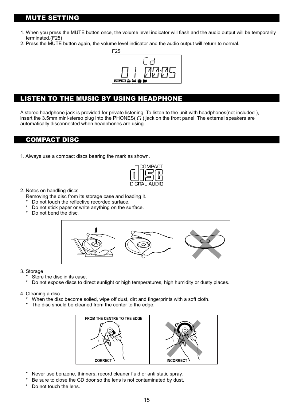 頁面 17, Listen to the music by using headphone, Compact disc | Mute setting | Sanyo DC-MX41i User Manual | Page 17 / 21
