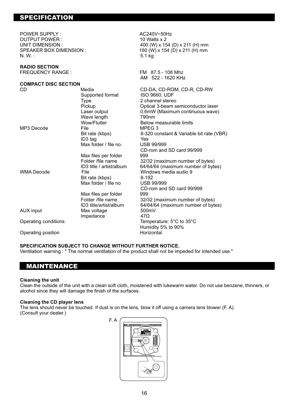 頁面 18, Specification maintenance | Sanyo DC-MX41i User Manual | Page 18 / 21