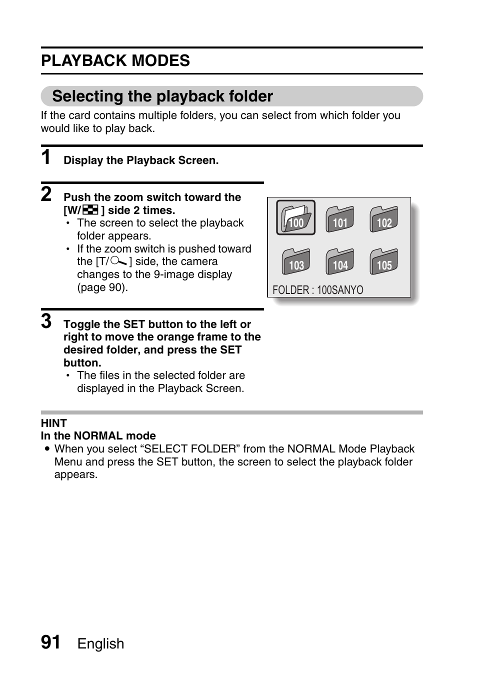 Playback modes selecting the playback folder | Sanyo Xacti VPC-HD1000 User Manual | Page 108 / 243