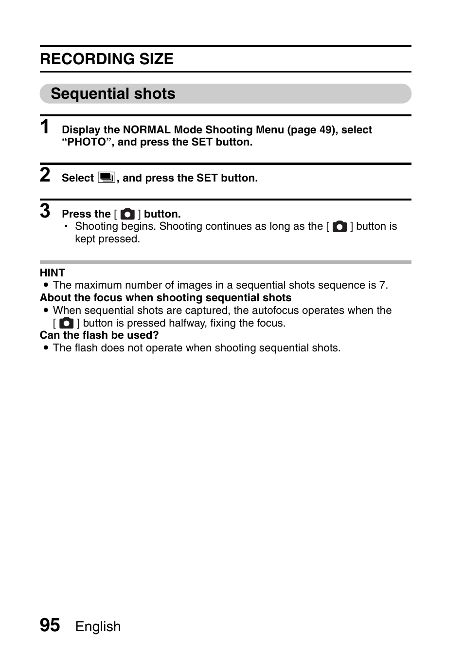 Recording size sequential shots | Sanyo Xacti VPC-HD1000 User Manual | Page 112 / 243