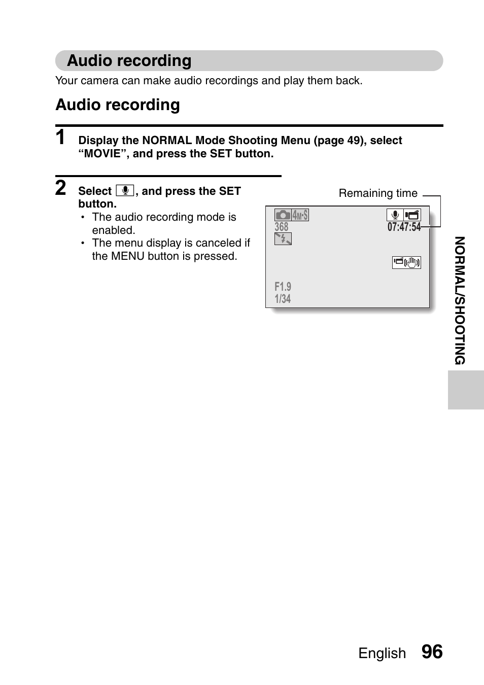 Audio recording | Sanyo Xacti VPC-HD1000 User Manual | Page 113 / 243
