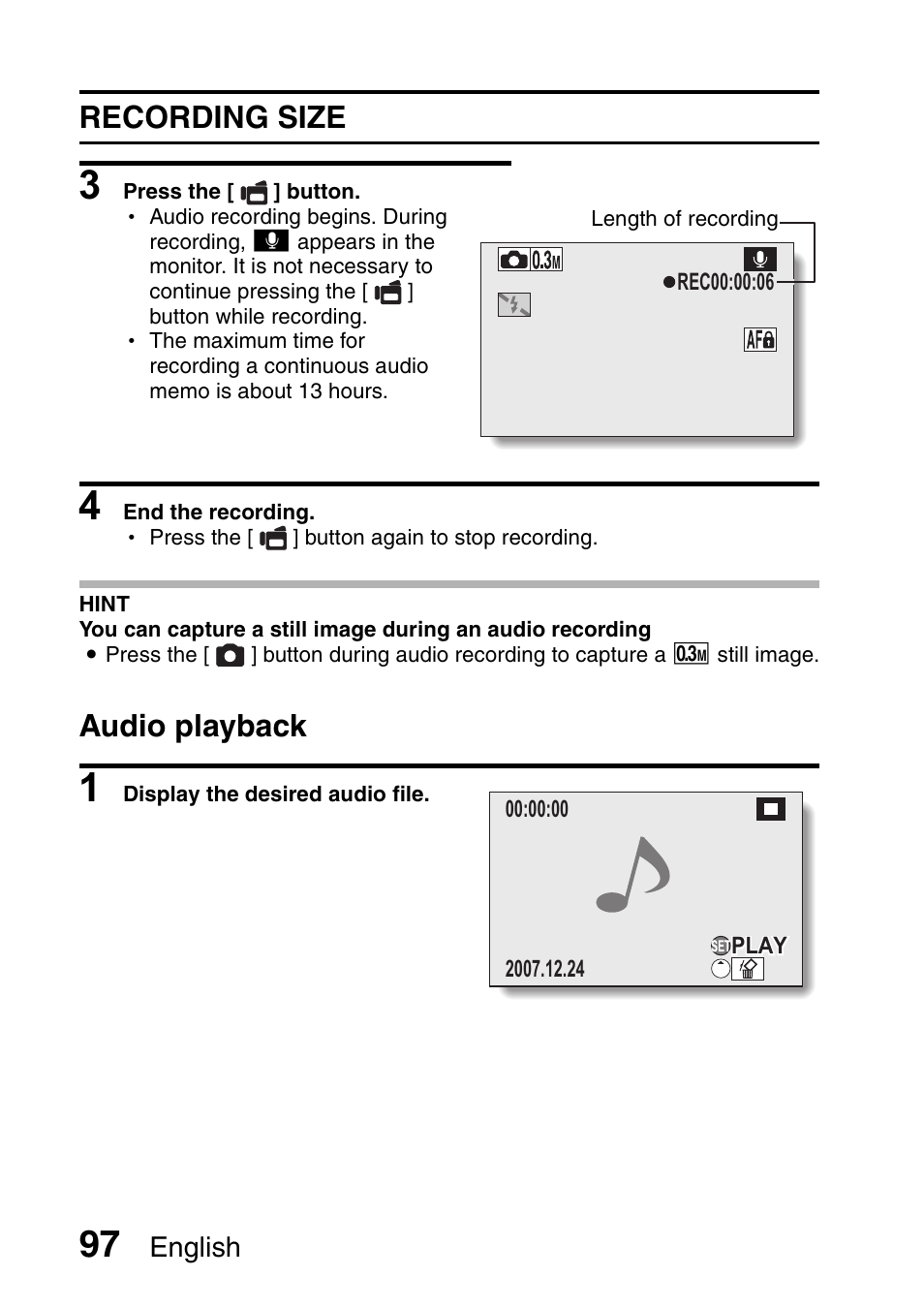 Recording size, Audio playback | Sanyo Xacti VPC-HD1000 User Manual | Page 114 / 243