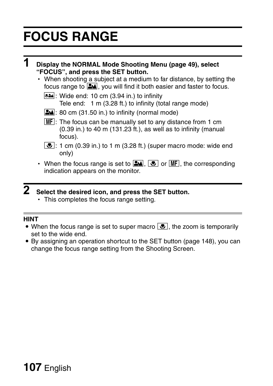 Focus range | Sanyo Xacti VPC-HD1000 User Manual | Page 124 / 243