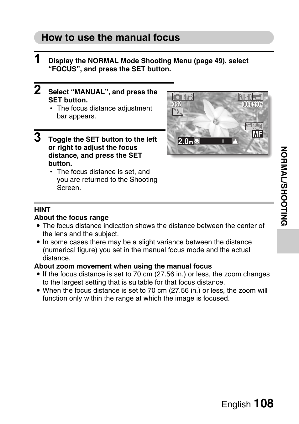 How to use the manual focus, English | Sanyo Xacti VPC-HD1000 User Manual | Page 125 / 243