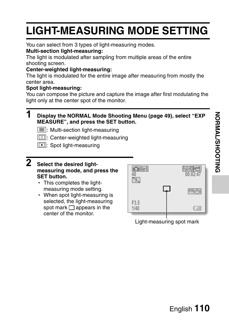 Light-measuring mode setting | Sanyo Xacti VPC-HD1000 User Manual | Page 127 / 243