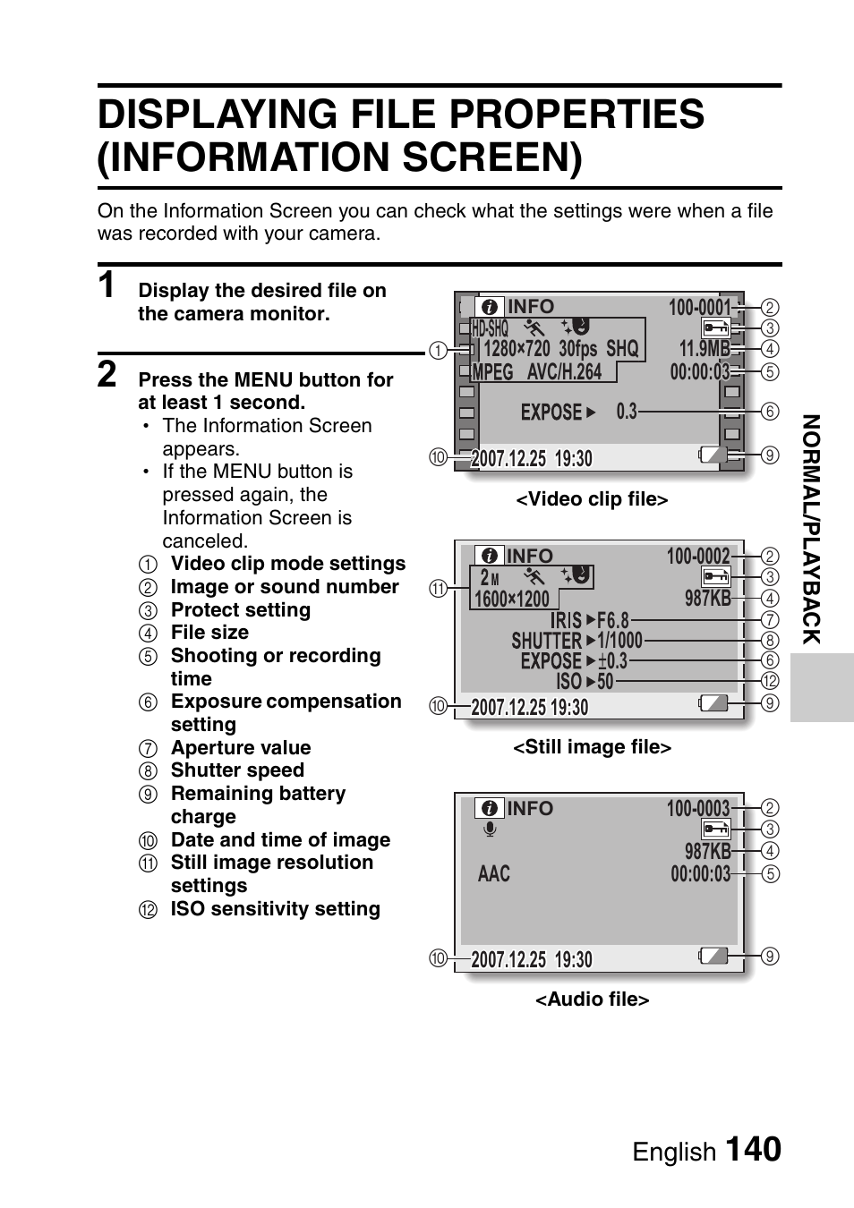 Displaying file properties (information screen), English | Sanyo Xacti VPC-HD1000 User Manual | Page 157 / 243