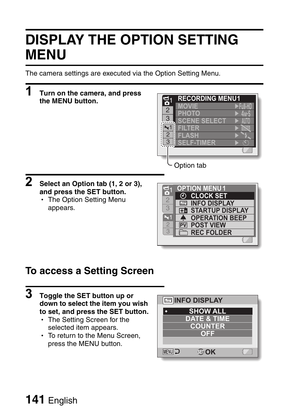 Display the option setting menu, English | Sanyo Xacti VPC-HD1000 User Manual | Page 158 / 243