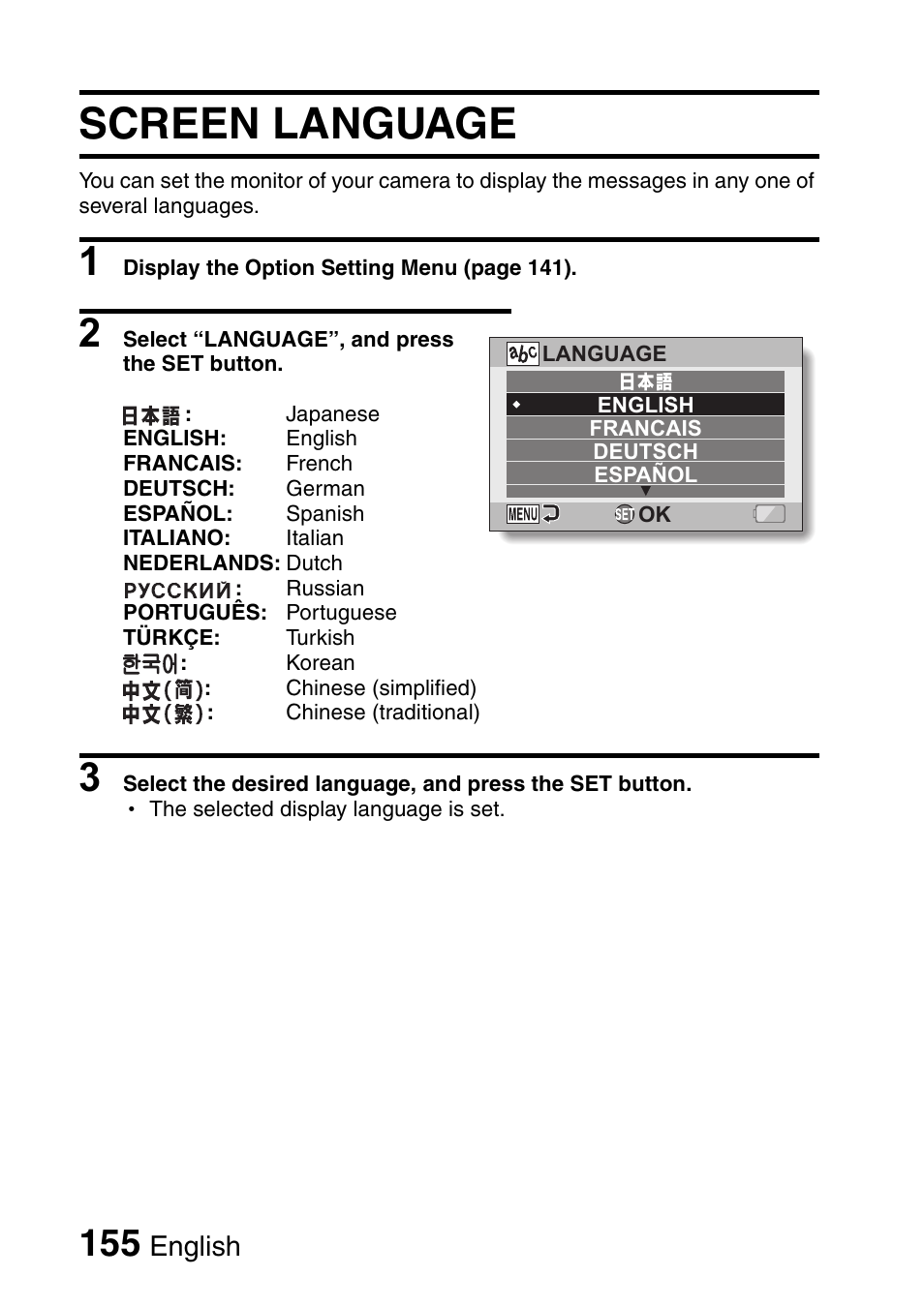 Screen language, English | Sanyo Xacti VPC-HD1000 User Manual | Page 172 / 243