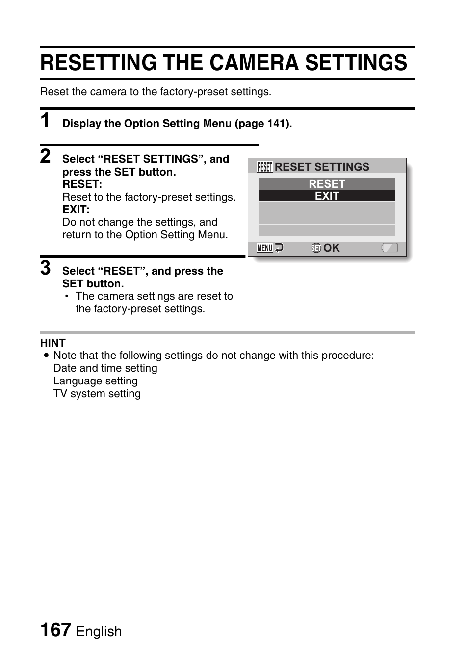 Resetting the camera settings | Sanyo Xacti VPC-HD1000 User Manual | Page 184 / 243