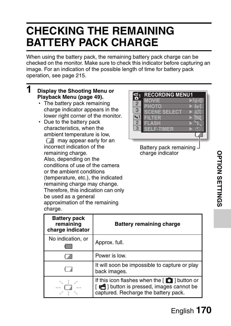 Checking the remaining battery pack charge, English | Sanyo Xacti VPC-HD1000 User Manual | Page 187 / 243