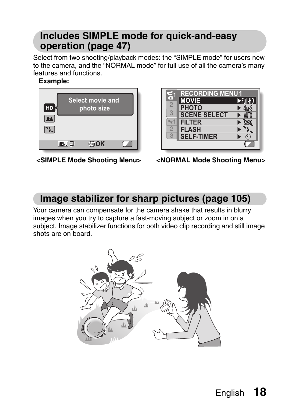 Image stabilizer for sharp pictures (page 105), English | Sanyo Xacti VPC-HD1000 User Manual | Page 35 / 243