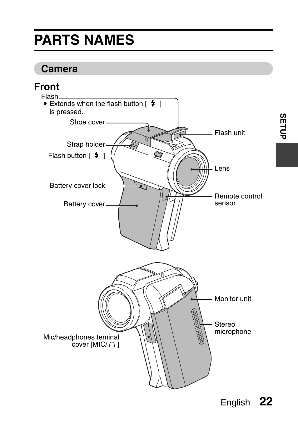 Parts names, Camera front, English | Sanyo Xacti VPC-HD1000 User Manual | Page 39 / 243