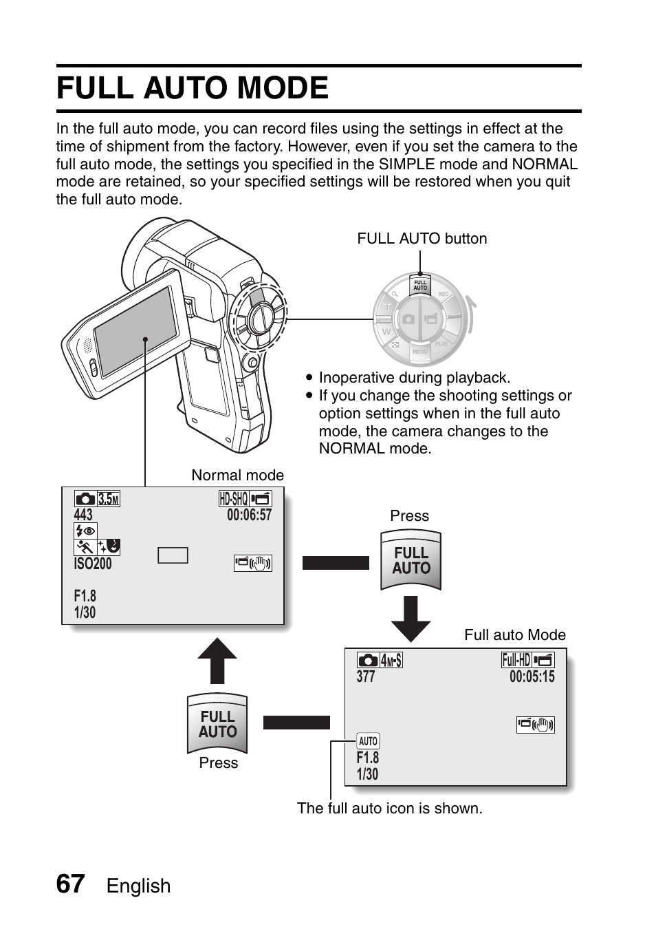 Full auto mode, English | Sanyo Xacti VPC-HD1000 User Manual | Page 84 / 243