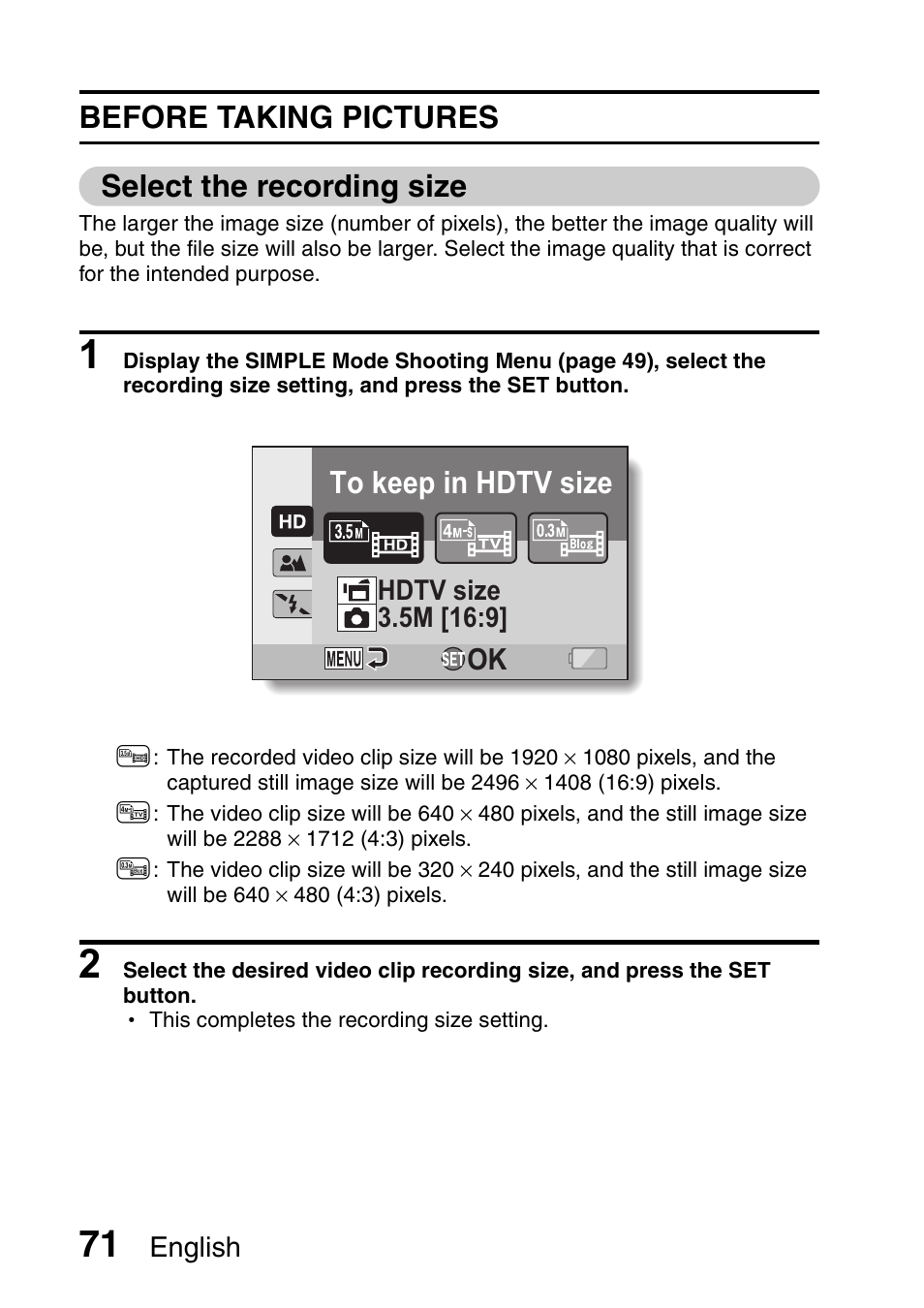 Before taking pictures select the recording size | Sanyo Xacti VPC-HD1000 User Manual | Page 88 / 243