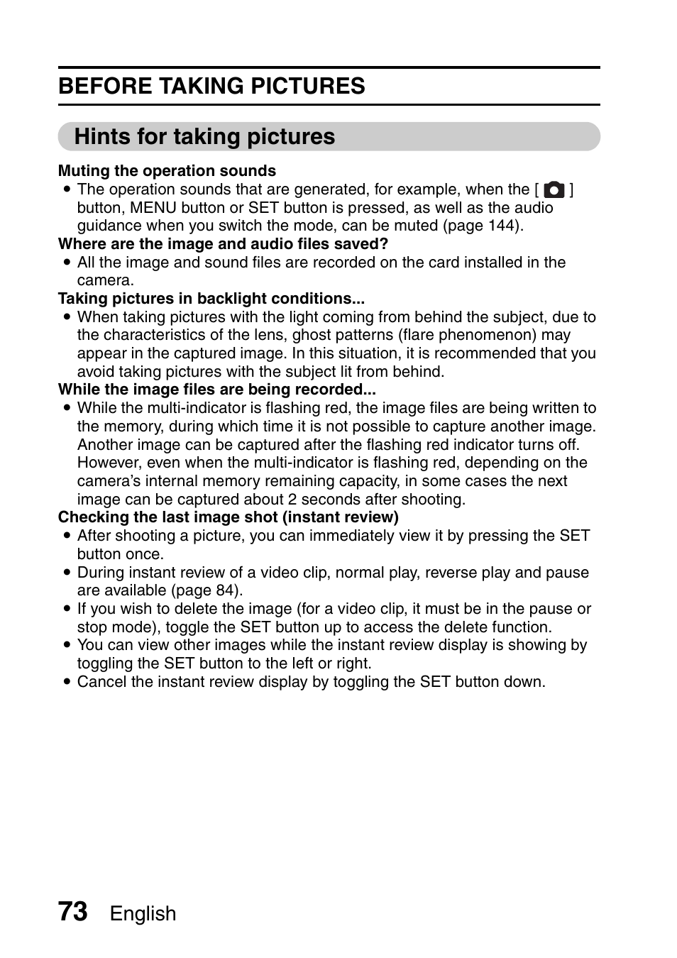 Before taking pictures hints for taking pictures, English | Sanyo Xacti VPC-HD1000 User Manual | Page 90 / 243