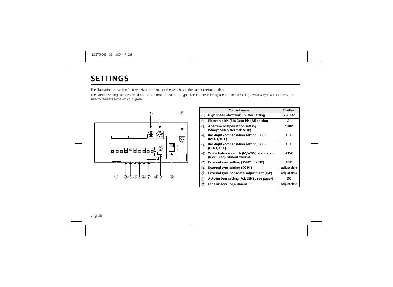 Settings | Sanyo VCC-6570P User Manual | Page 12 / 20