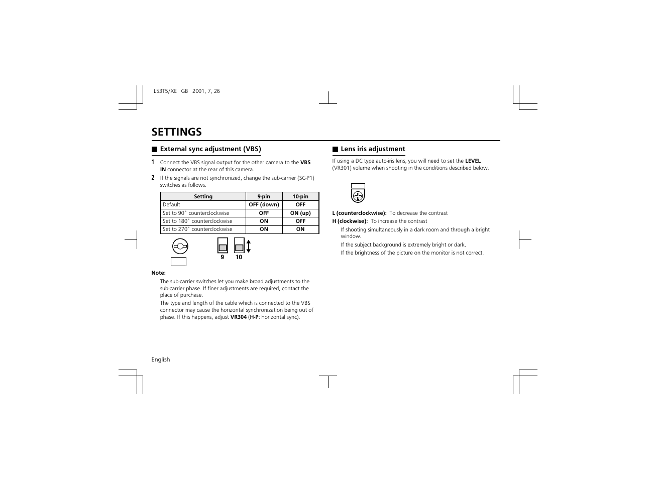 Settings | Sanyo VCC-6570P User Manual | Page 16 / 20