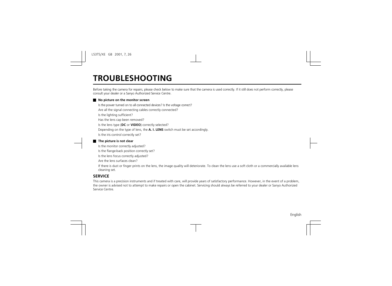 Troubleshooting | Sanyo VCC-6570P User Manual | Page 17 / 20