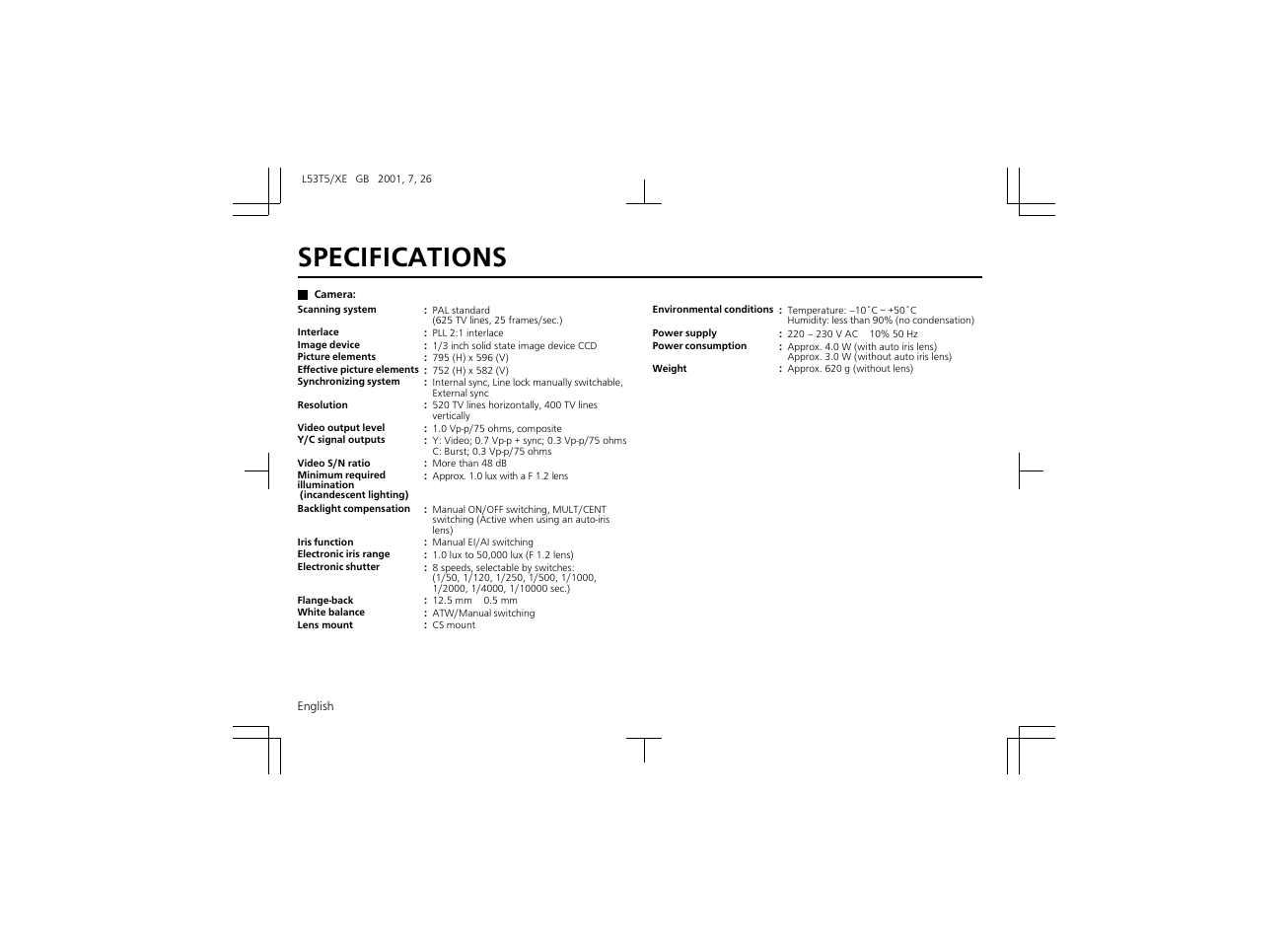 Specifications | Sanyo VCC-6570P User Manual | Page 18 / 20