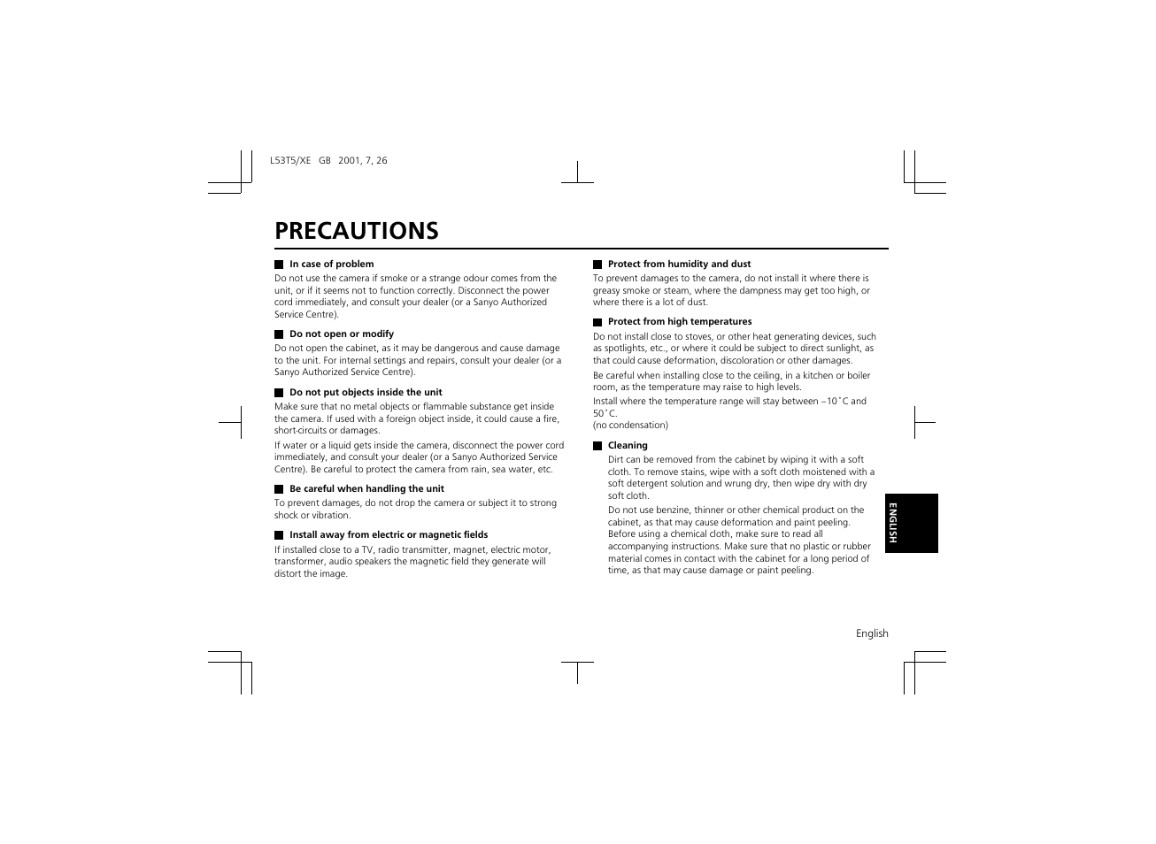 Precautions | Sanyo VCC-6570P User Manual | Page 3 / 20