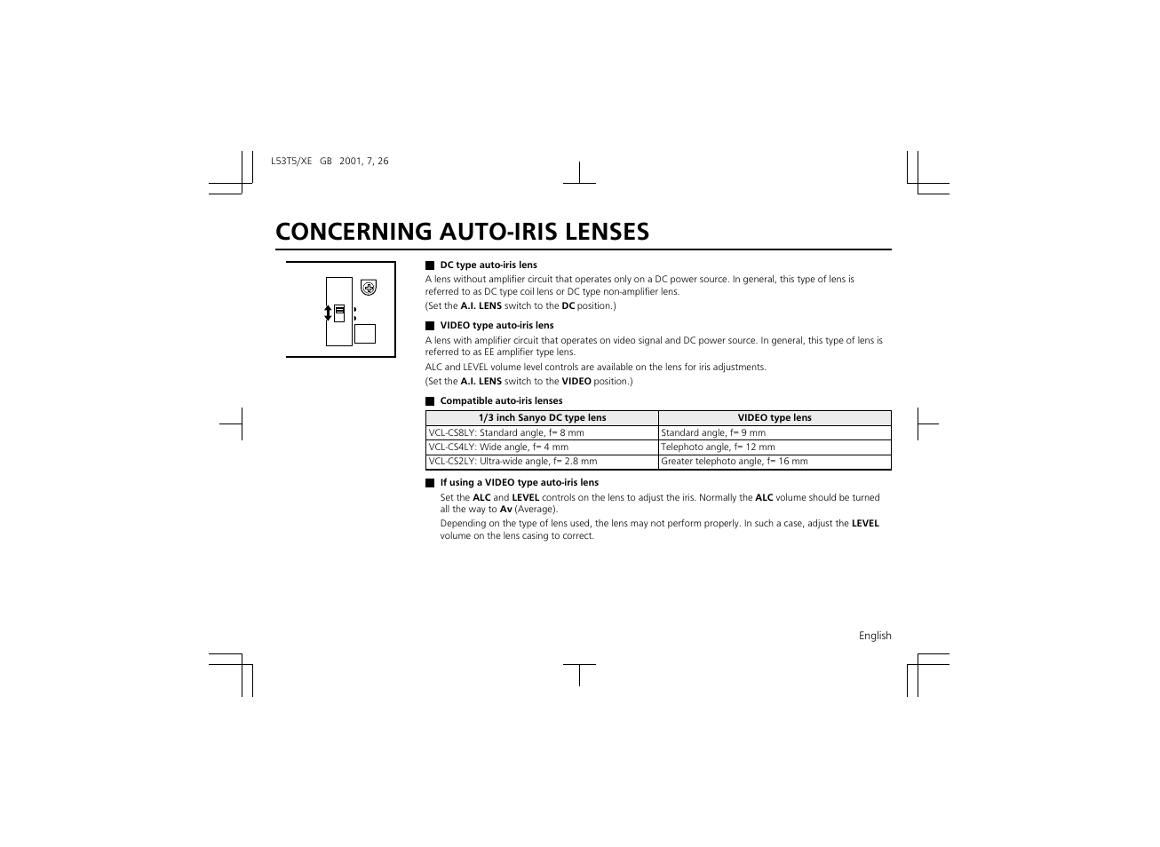 Concerning auto-iris lenses | Sanyo VCC-6570P User Manual | Page 7 / 20