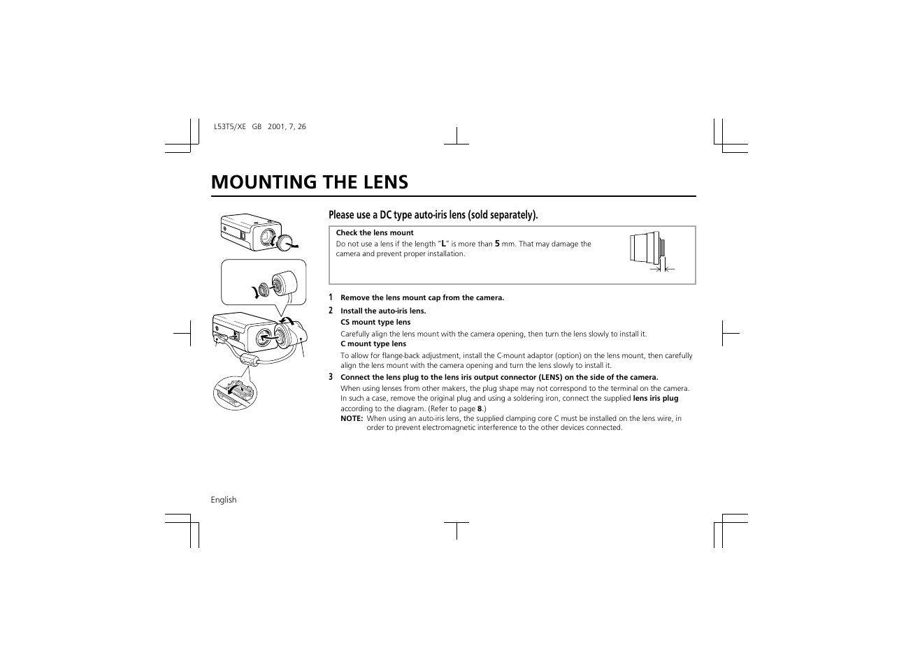 Mounting the lens | Sanyo VCC-6570P User Manual | Page 8 / 20